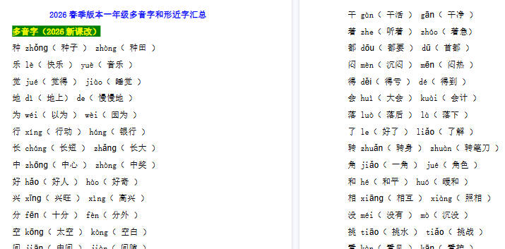 2026春新版一年级语文考试常考多音字和形近字汇总-开学吧