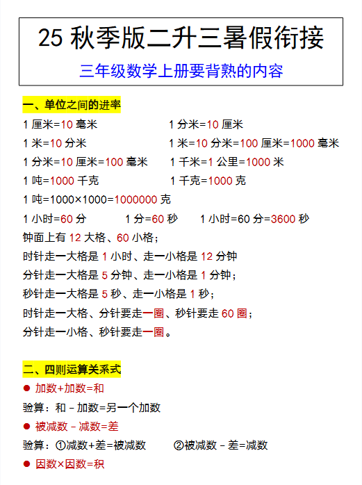 【2025秋新版】三年级数学上册要背熟的内容-开学吧
