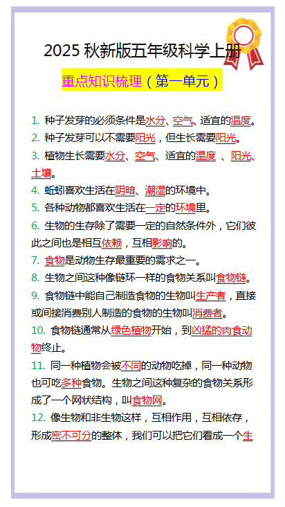 【2025秋新版】五年级科学上册重点知识梳理,第一单元预习笔记!-开学吧
