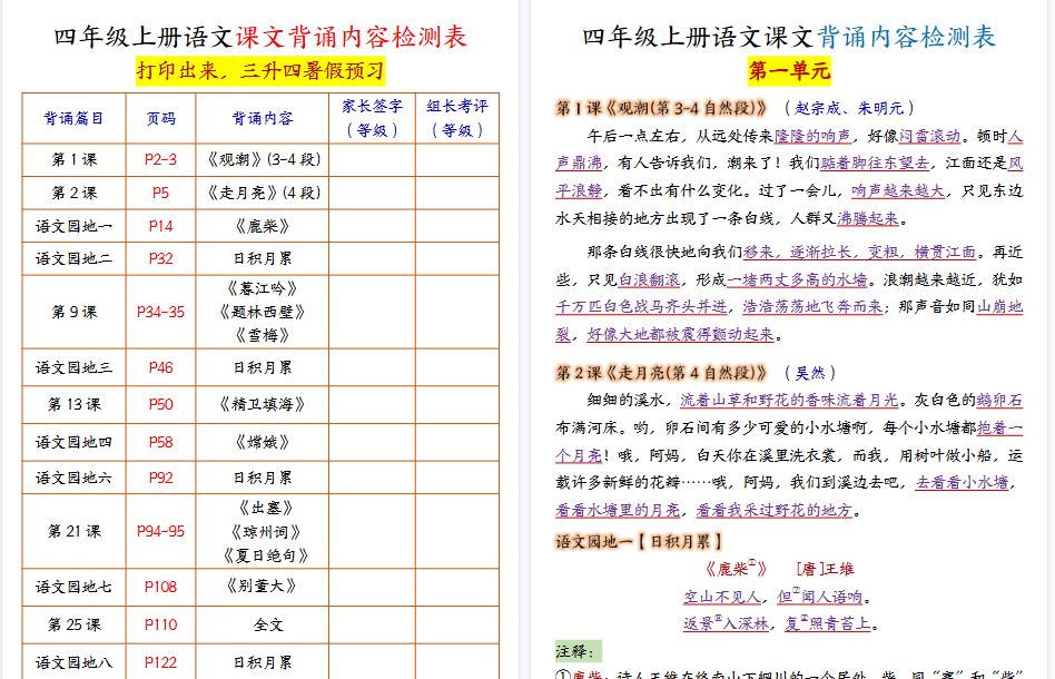 【13页高清完整版】三升四暑假预习四上语文课文背诵内容检测表-小初高学习资料下载_真题试卷 - 开学吧资料库