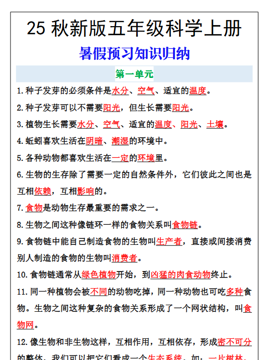 【2025秋新版】五年级科学上册知识归纳，暑假预习必备-开学吧