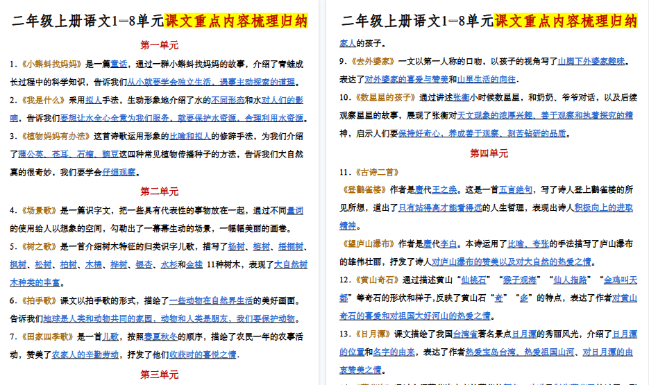【5页高清完整版】二年级上册语文课文内容梳理-小初高学习资料下载_真题试卷 - 开学吧资料库