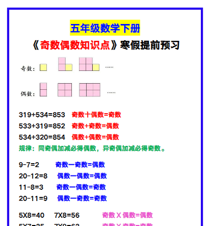 【2026寒假】五年级数学下册《奇数偶数知识点》，寒假提前预习！-小初高学习资料下载_真题试卷 - 开学吧资料库