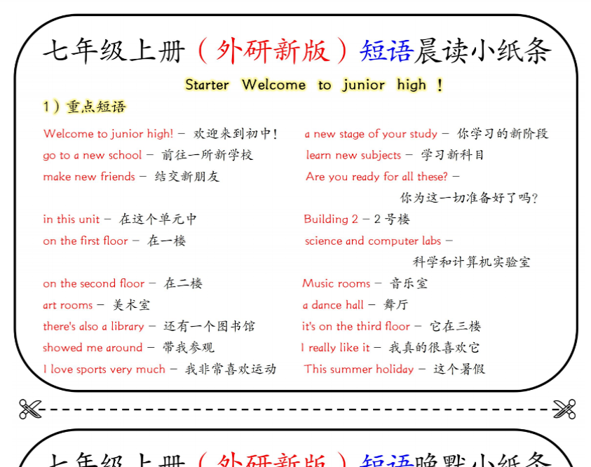 16页！七年级上册（外研新版）短语晚默小纸条-开学吧