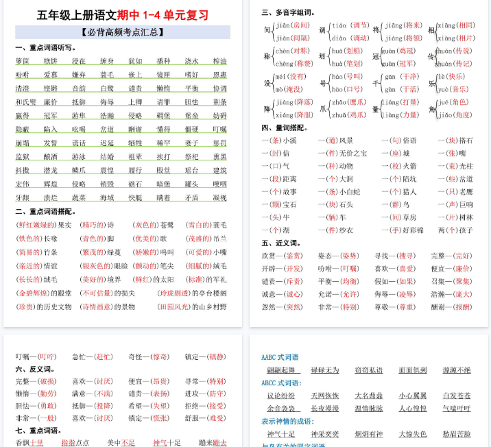 【4页完整版】五上丨语文 期中1-4单元复习考点汇总-开学吧