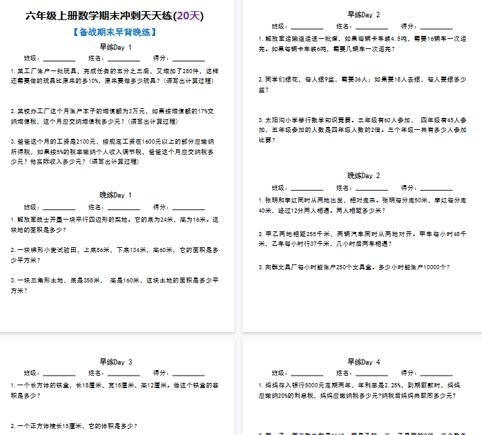 【40页完整版】六（上）数学 期末冲刺天天练(20天)-开学吧