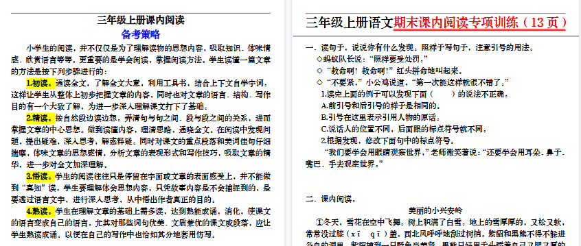【13页高清完整版】三上丨语文 期末课内阅读专项训练（部编版）-小初高学习资料下载_真题试卷 - 开学吧资料库