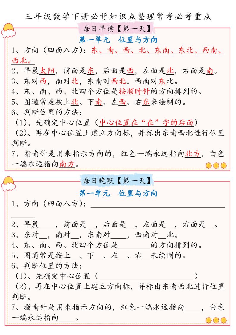 三年级数学下册必背知识点整理人教版(早读晚默)-小初高学习资料下载_真题试卷 - 开学吧资料库